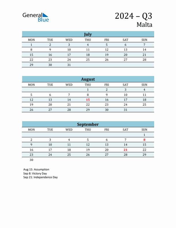 Three-Month Planner for Q3 2024 with Holidays - Malta