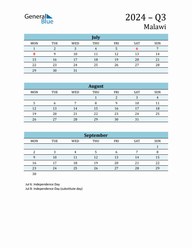 Three-Month Planner for Q3 2024 with Holidays - Malawi