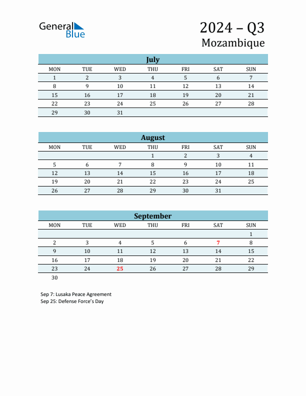 Three-Month Planner for Q3 2024 with Holidays - Mozambique