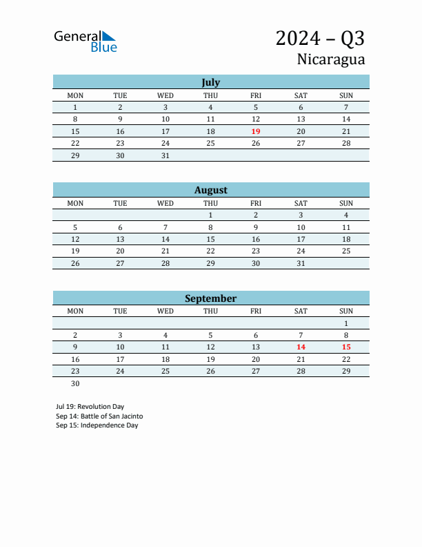 Three-Month Planner for Q3 2024 with Holidays - Nicaragua