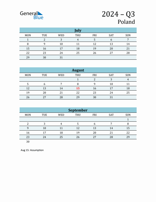 Three-Month Planner for Q3 2024 with Holidays - Poland