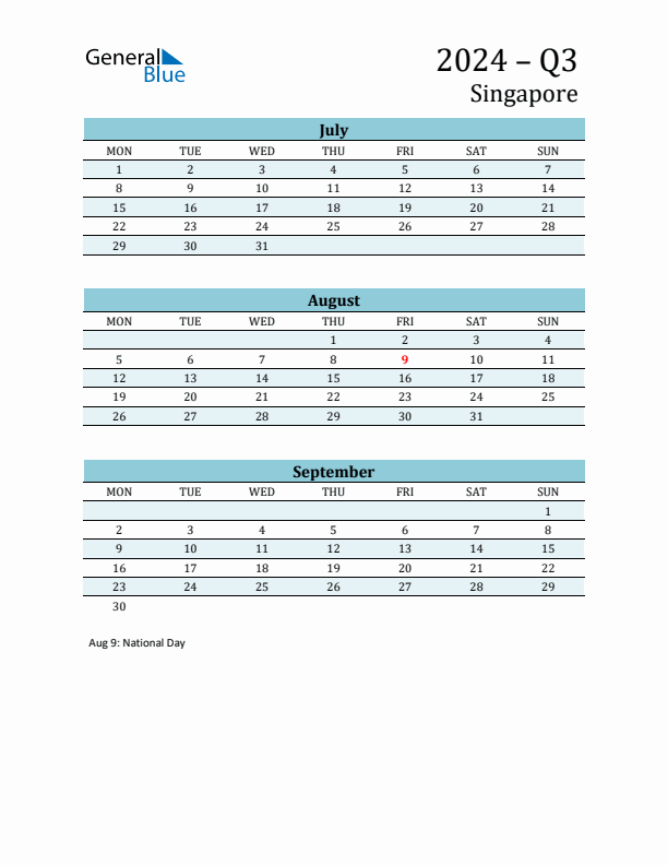 Three-Month Planner for Q3 2024 with Holidays - Singapore