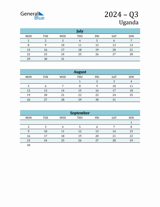 Three-Month Planner for Q3 2024 with Holidays - Uganda