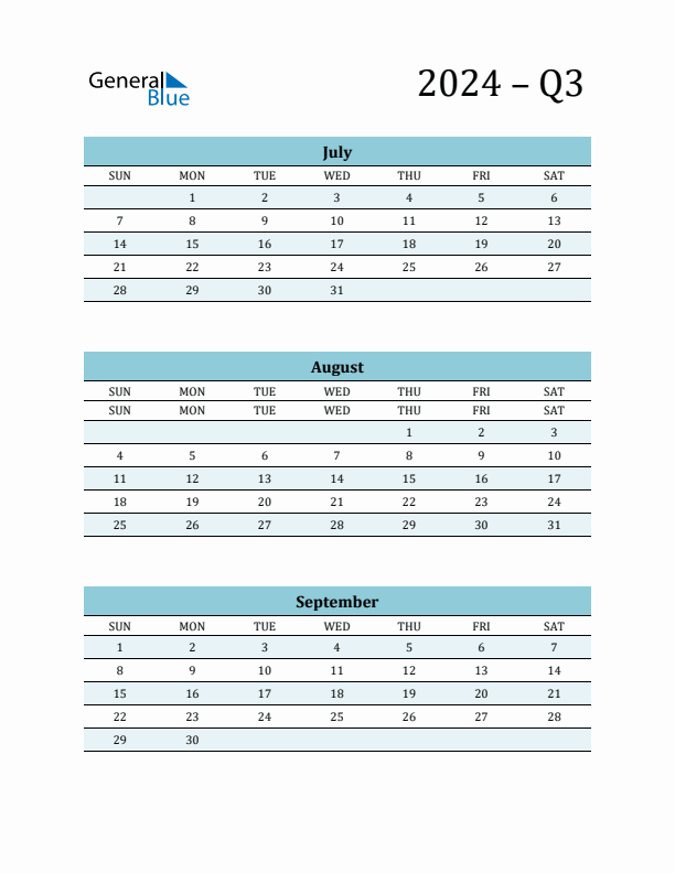 July, August, and September 2024 Calendar