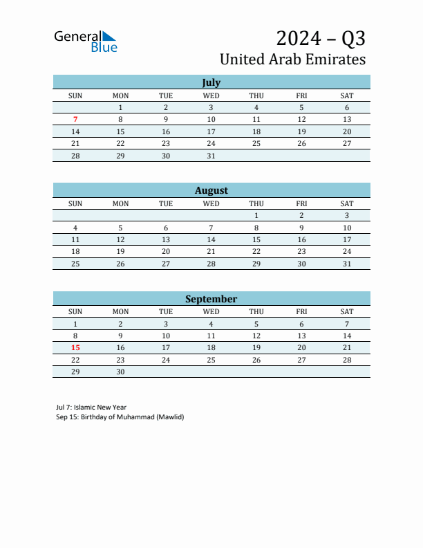 Three-Month Planner for Q3 2024 with Holidays - United Arab Emirates