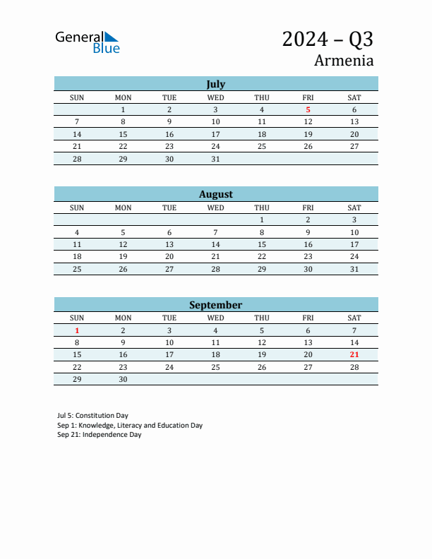 Three-Month Planner for Q3 2024 with Holidays - Armenia