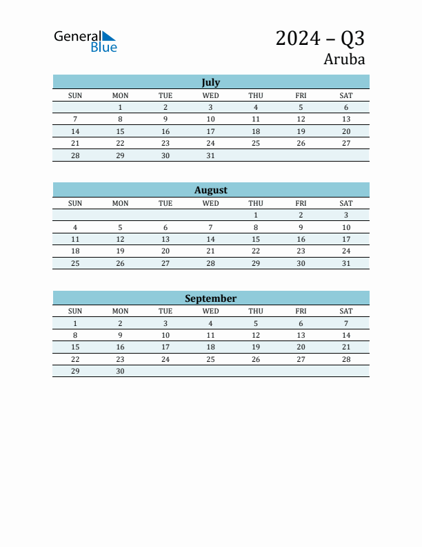 Three-Month Planner for Q3 2024 with Holidays - Aruba