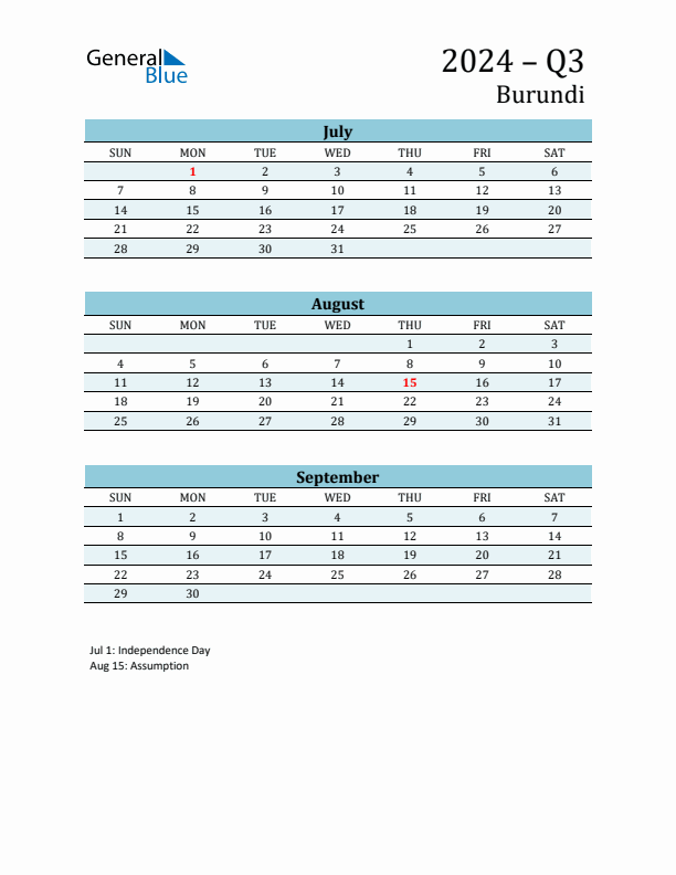 Three-Month Planner for Q3 2024 with Holidays - Burundi