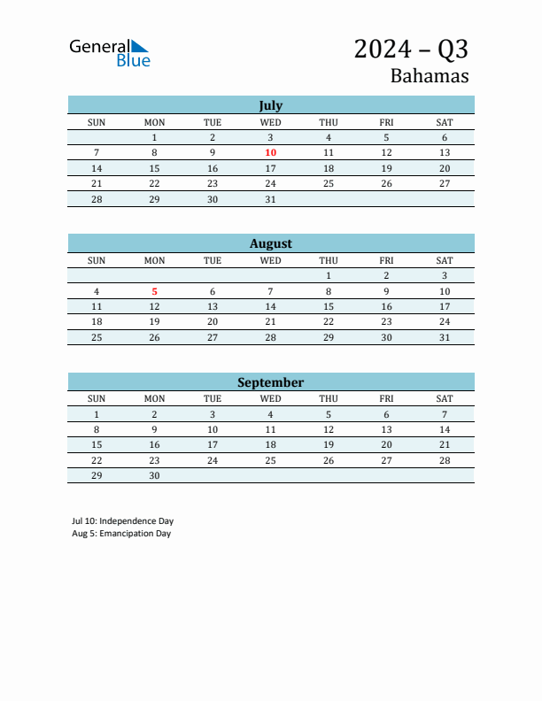 Three-Month Planner for Q3 2024 with Holidays - Bahamas