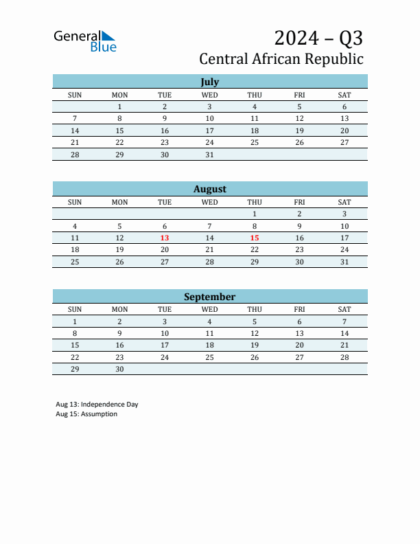 Three-Month Planner for Q3 2024 with Holidays - Central African Republic