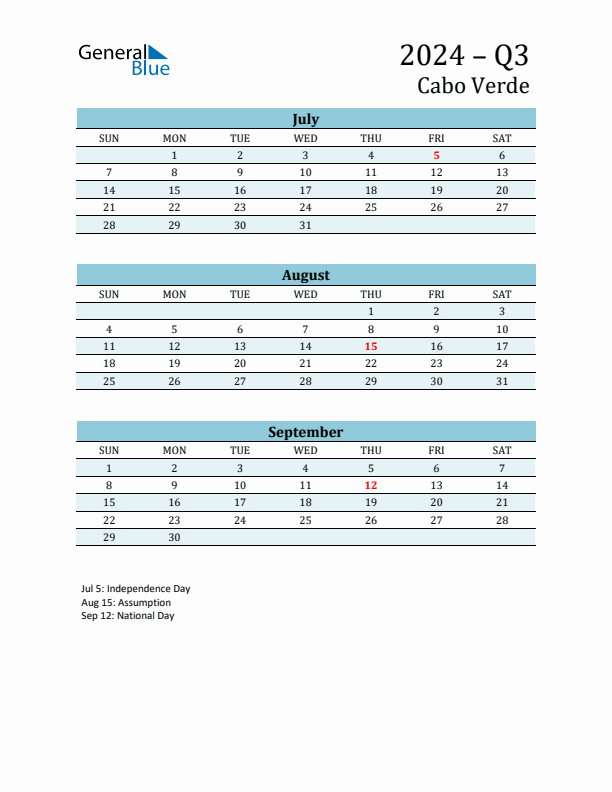 Three-Month Planner for Q3 2024 with Holidays - Cabo Verde