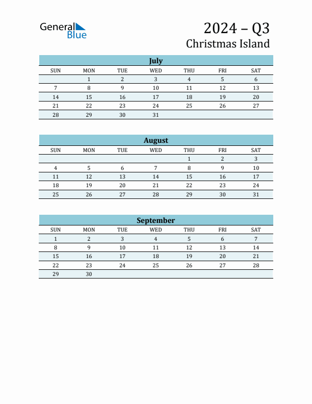 Three-Month Planner for Q3 2024 with Holidays - Christmas Island