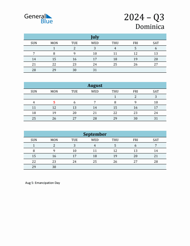 Three-Month Planner for Q3 2024 with Holidays - Dominica