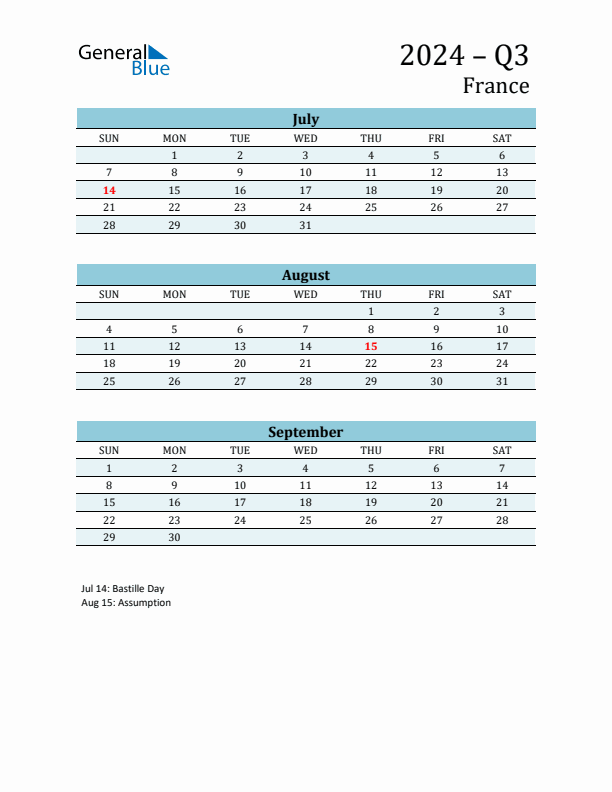 Three-Month Planner for Q3 2024 with Holidays - France