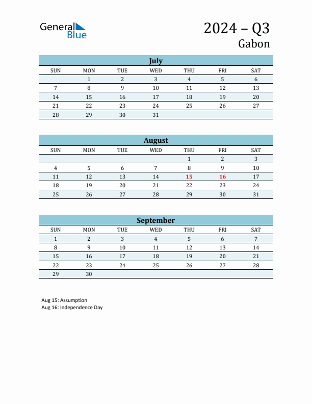 Three-Month Planner for Q3 2024 with Holidays - Gabon