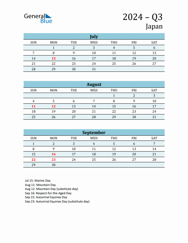 Three-Month Planner for Q3 2024 with Holidays - Japan