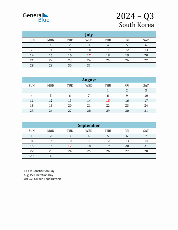 Three-Month Planner for Q3 2024 with Holidays - South Korea