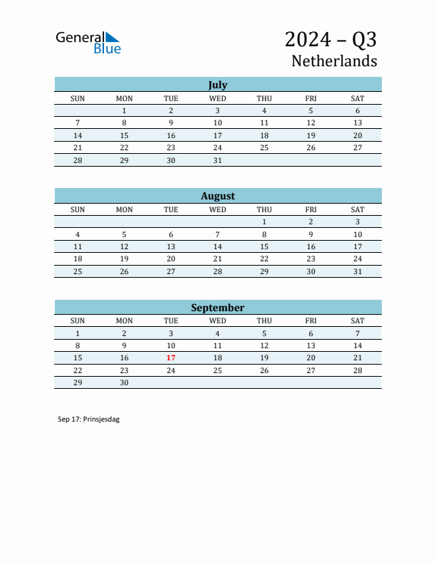 Three-Month Planner for Q3 2024 with Holidays - The Netherlands