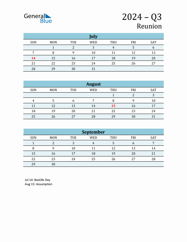 Three-Month Planner for Q3 2024 with Holidays - Reunion