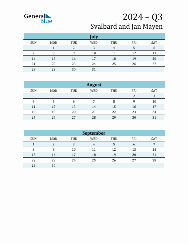 Three-Month Planner for Q3 2024 with Holidays - Svalbard and Jan Mayen