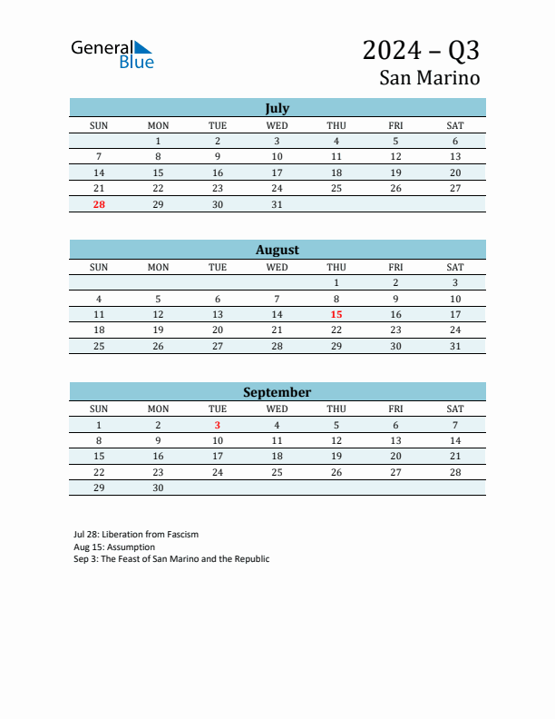 Three-Month Planner for Q3 2024 with Holidays - San Marino