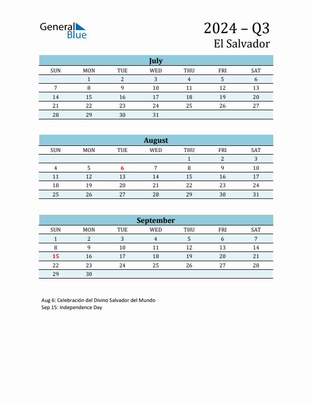 Three-Month Planner for Q3 2024 with Holidays - El Salvador