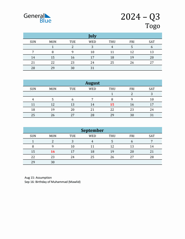 Three-Month Planner for Q3 2024 with Holidays - Togo