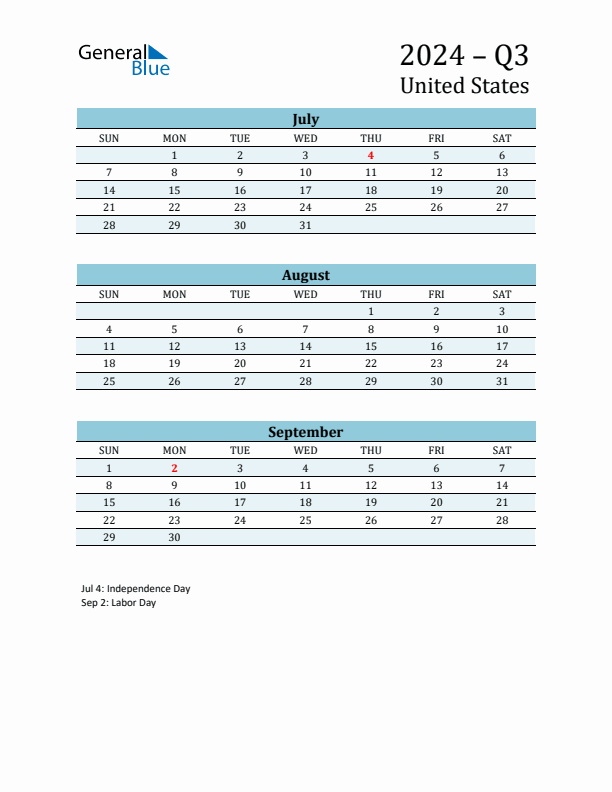 Three-Month Planner for Q3 2024 with Holidays - United States