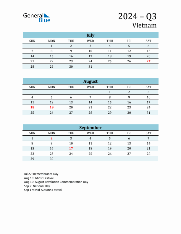 Three-Month Planner for Q3 2024 with Holidays - Vietnam