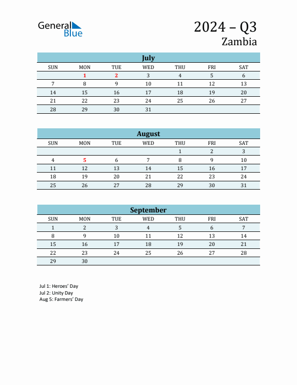 Three-Month Planner for Q3 2024 with Holidays - Zambia