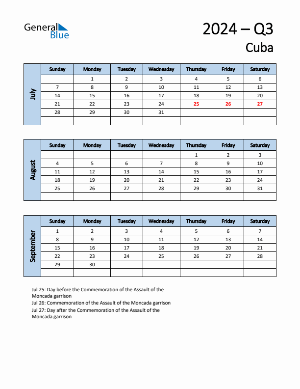 Free Q3 2024 Calendar for Cuba - Sunday Start