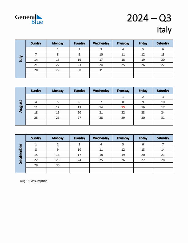 Free Q3 2024 Calendar for Italy - Sunday Start