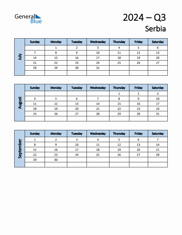 Free Q3 2024 Calendar for Serbia - Sunday Start