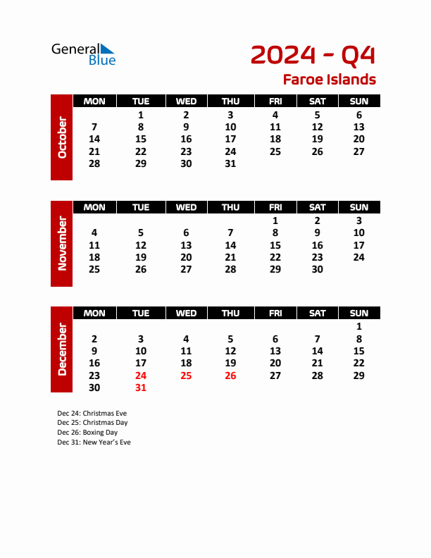 Q4 2024 Calendar with Holidays in Faroe Islands