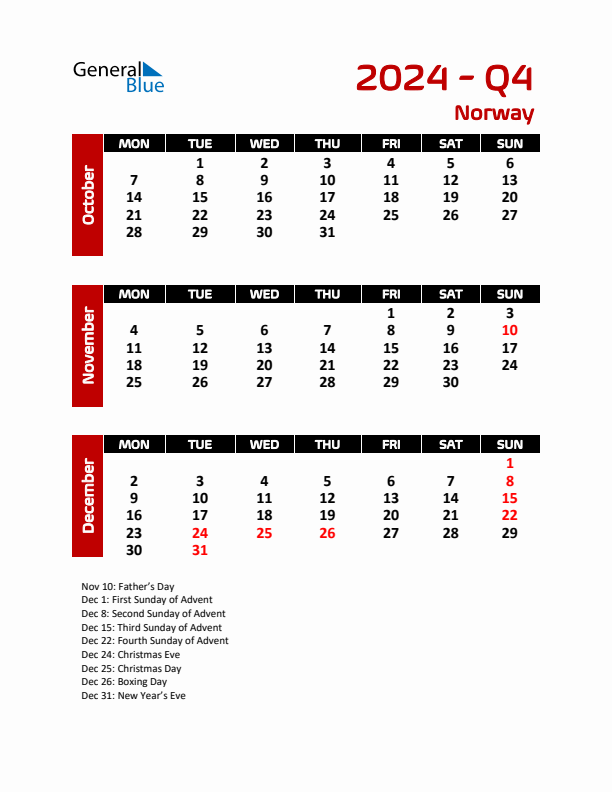 Q4 2024 Calendar with Holidays in Norway