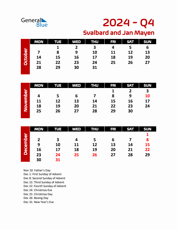 Q4 2024 Calendar with Holidays in Svalbard and Jan Mayen