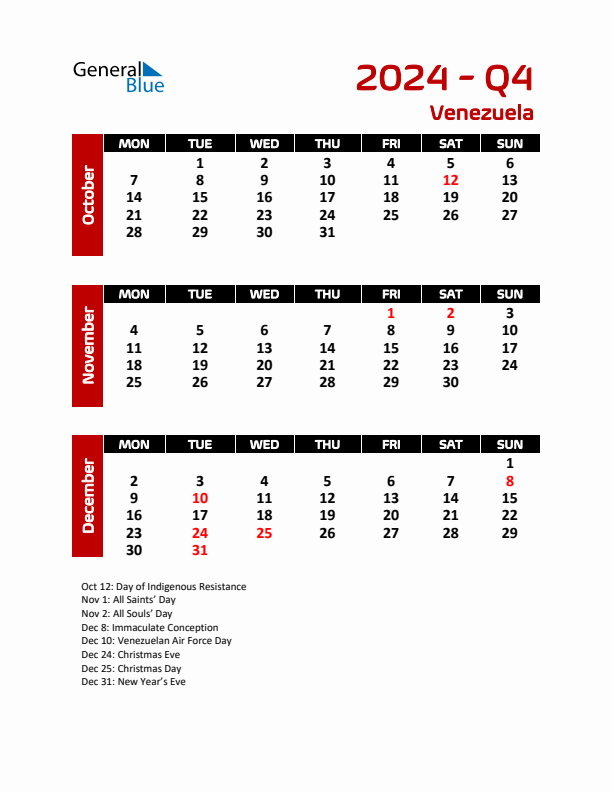 Q4 2024 Calendar with Holidays in Venezuela