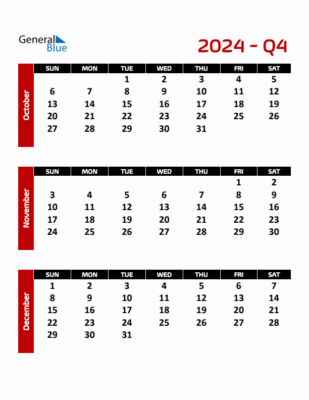 Editable Quarterly Calendar (Sunday Start)