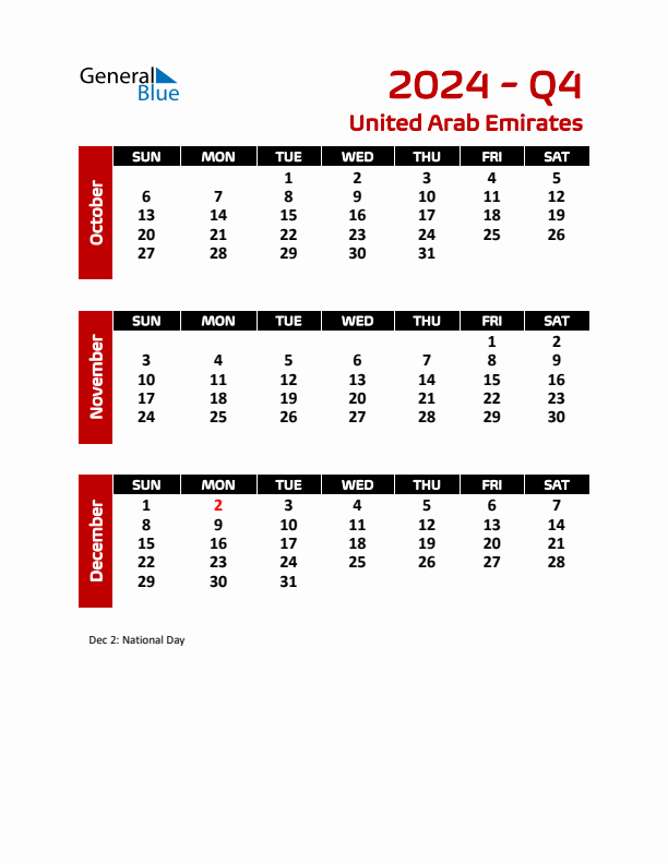 Q4 2024 Calendar with Holidays in United Arab Emirates