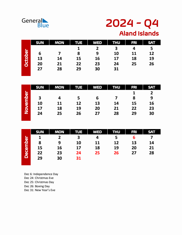 Q4 2024 Calendar with Holidays in Aland Islands