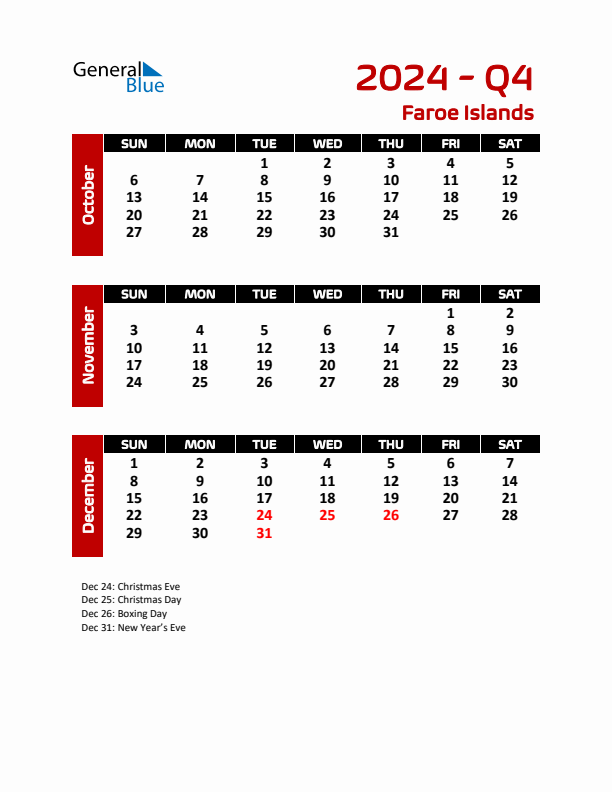 Q4 2024 Calendar with Holidays in Faroe Islands