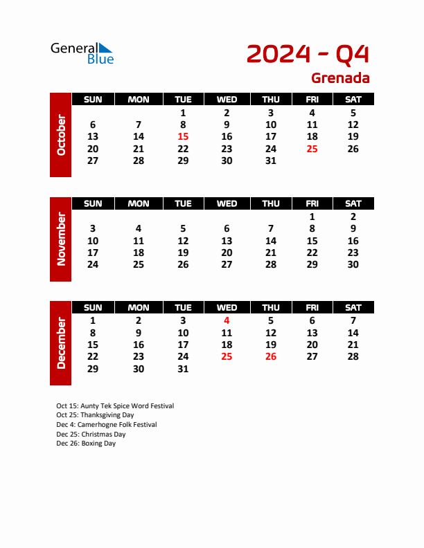 Q4 2024 Calendar with Holidays in Grenada