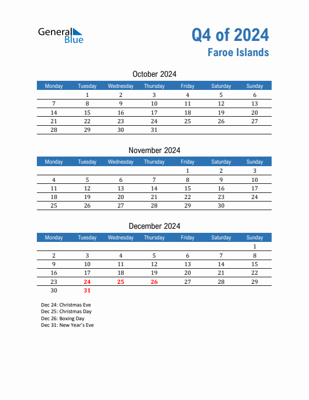 Faroe Islands Q4 2024 Quarterly Calendar with Monday Start