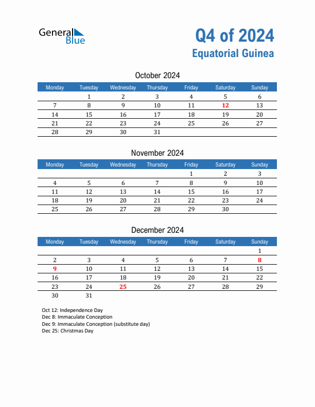 Equatorial Guinea Q4 2024 Quarterly Calendar with Monday Start