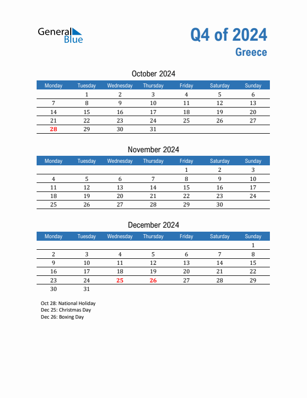 Greece Q4 2024 Quarterly Calendar with Monday Start