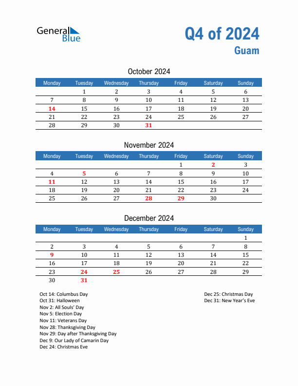 Guam Q4 2024 Quarterly Calendar with Monday Start