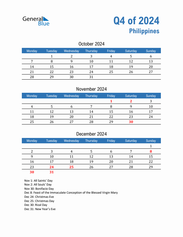 Philippines Q4 2024 Quarterly Calendar with Monday Start