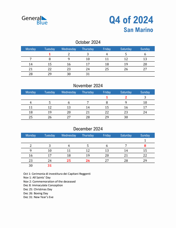 San Marino Q4 2024 Quarterly Calendar with Monday Start