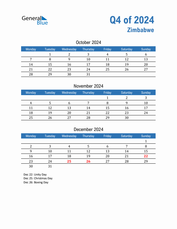 Zimbabwe Q4 2024 Quarterly Calendar with Monday Start