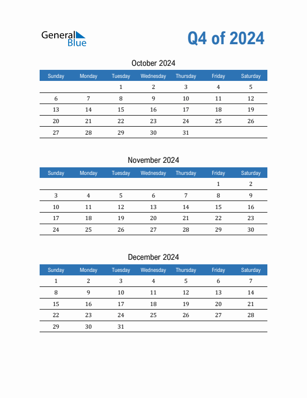 Fillable Quarterly Calendar for Q4 2024